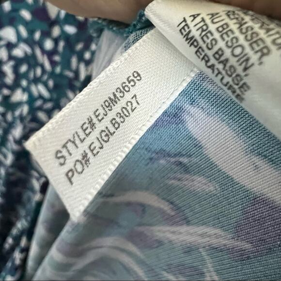 Eliza J Faux Wrap Collared Green Cream Navy Brushstroke Dress 6 - Picture 12 of 14